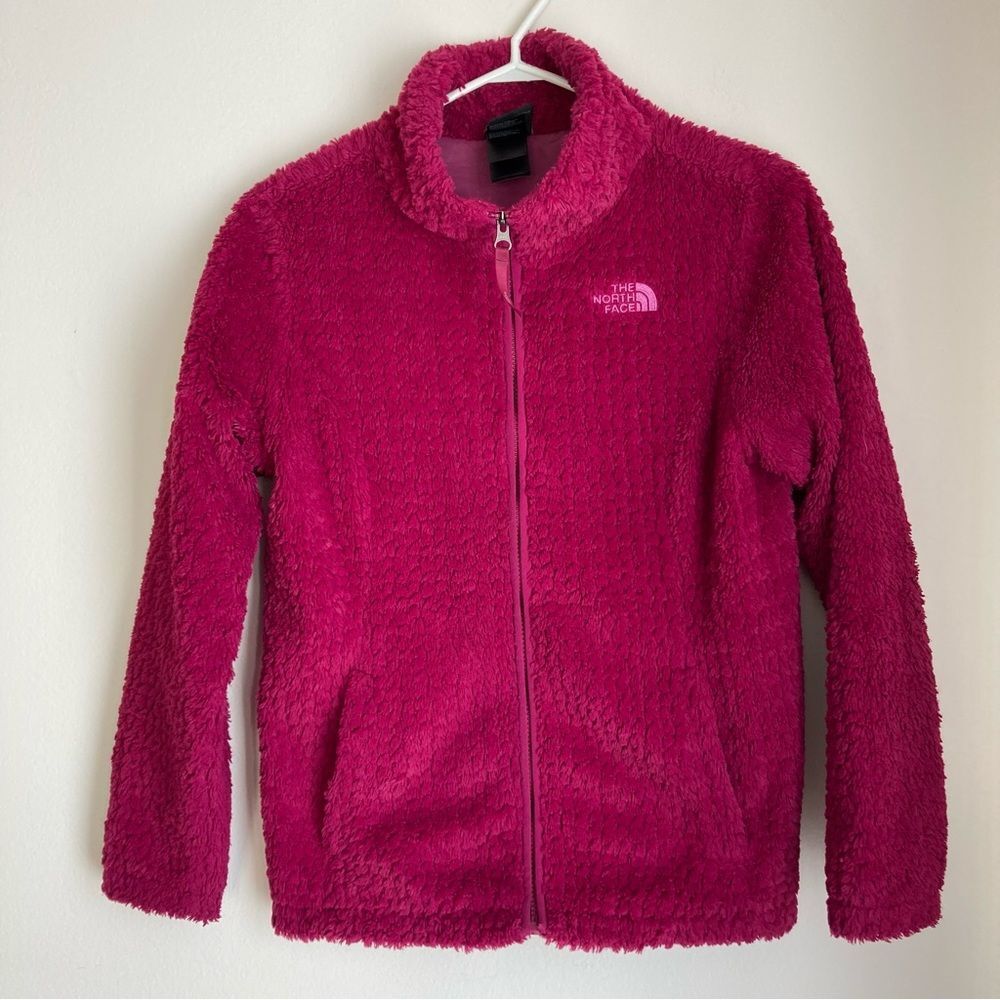 North Face Girls fuzzy jacket raspberry pink fuchsia size Large 14/16 EUC!